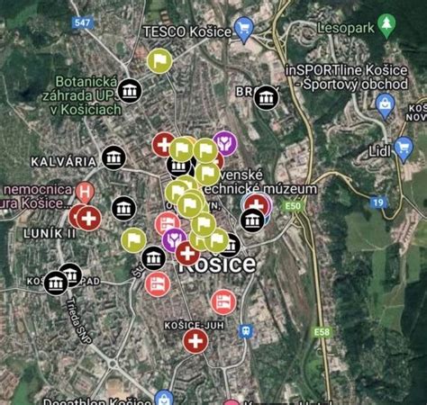 Mapa Košíc s hlavnou ulicou a dominantami