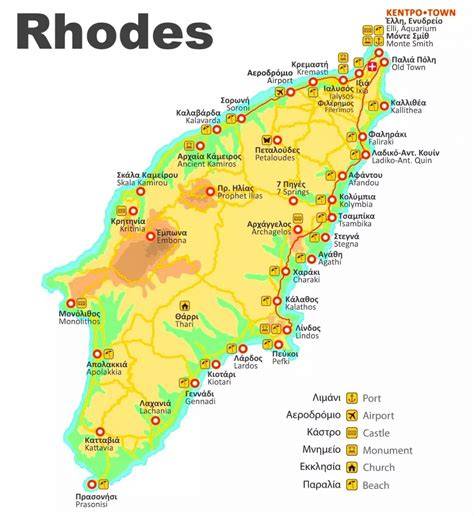 mapa ostrova Rhodos a hlavné atrakcie