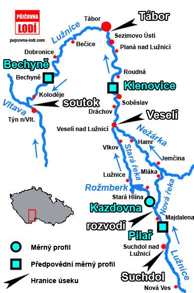 Vodácke trasy Lužnice - tabuľka itinerárov