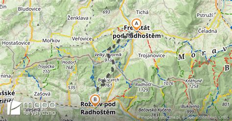 mapa trasy Turzovka Rožnov pod Radhoštěm (geografická orientácia)